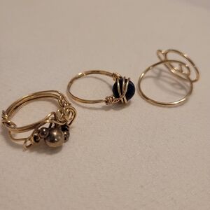 Set Of 3 Delicate Wrapped Wire Rings With Faux Pearl & Stone, Mixed Sizes 6-9